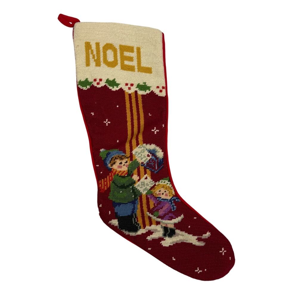 Vintage Handmade Needle Point Stocking Wool Red Christmas Kids Snow 21" NOEL